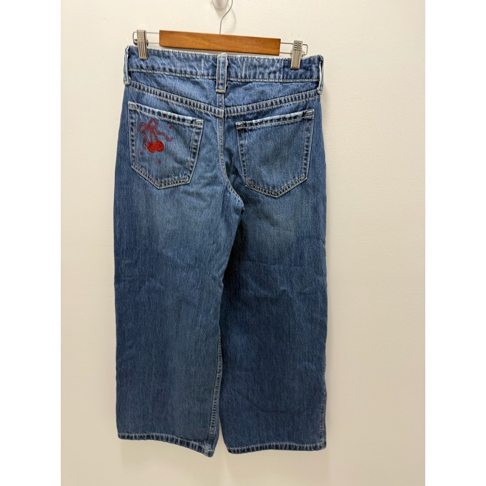 Hollister Low-Rise Super Baggy Jeans Blue Cherry Embroidered Wide Leg W25 R